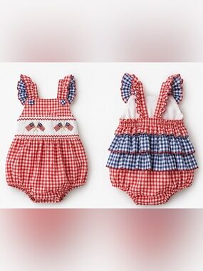 Girls Red & Blue Gingham Ruffle One-Piece Romper